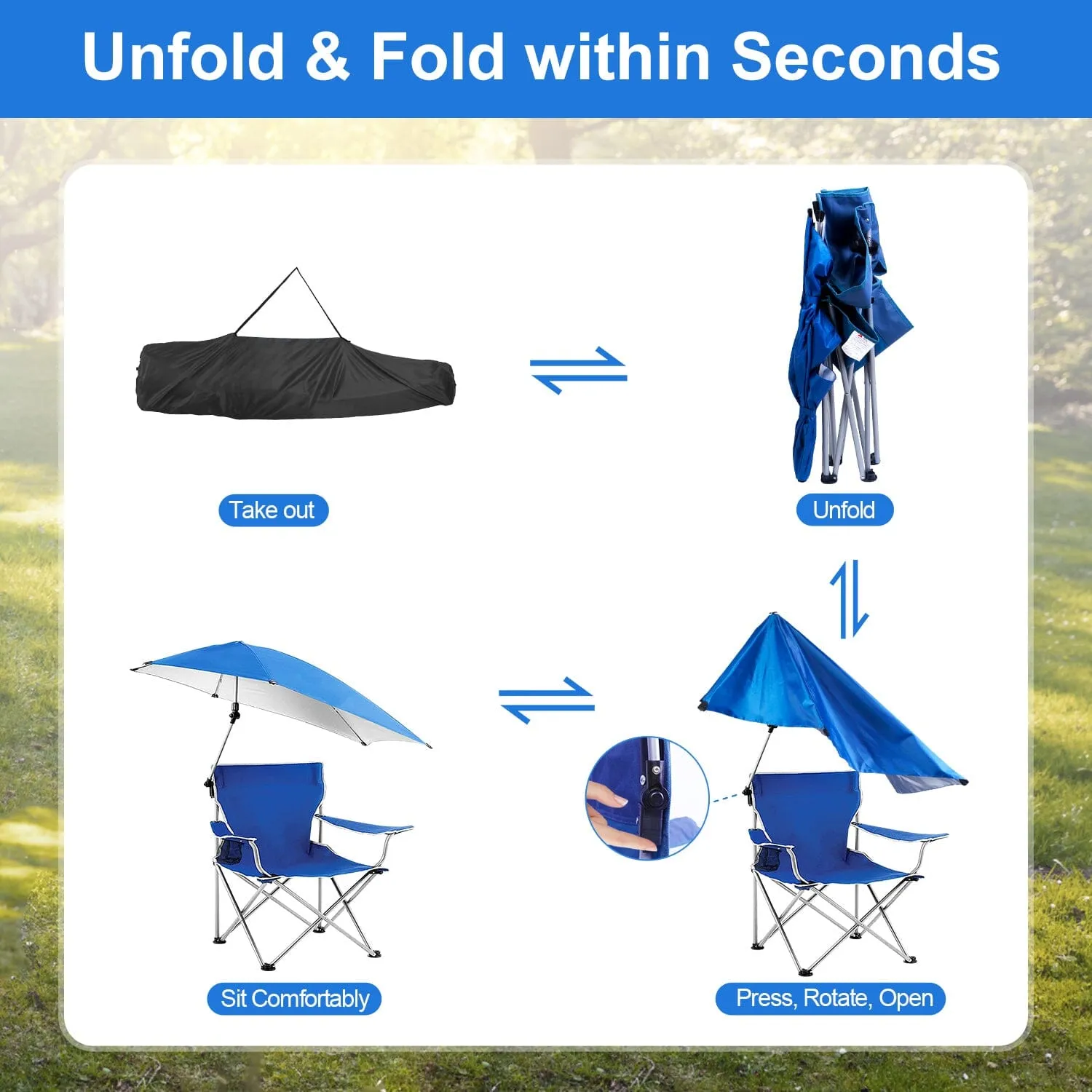 Foldable Beach Chair with Detachable Armrest Adjustable Canopy Stool with Cup Holder