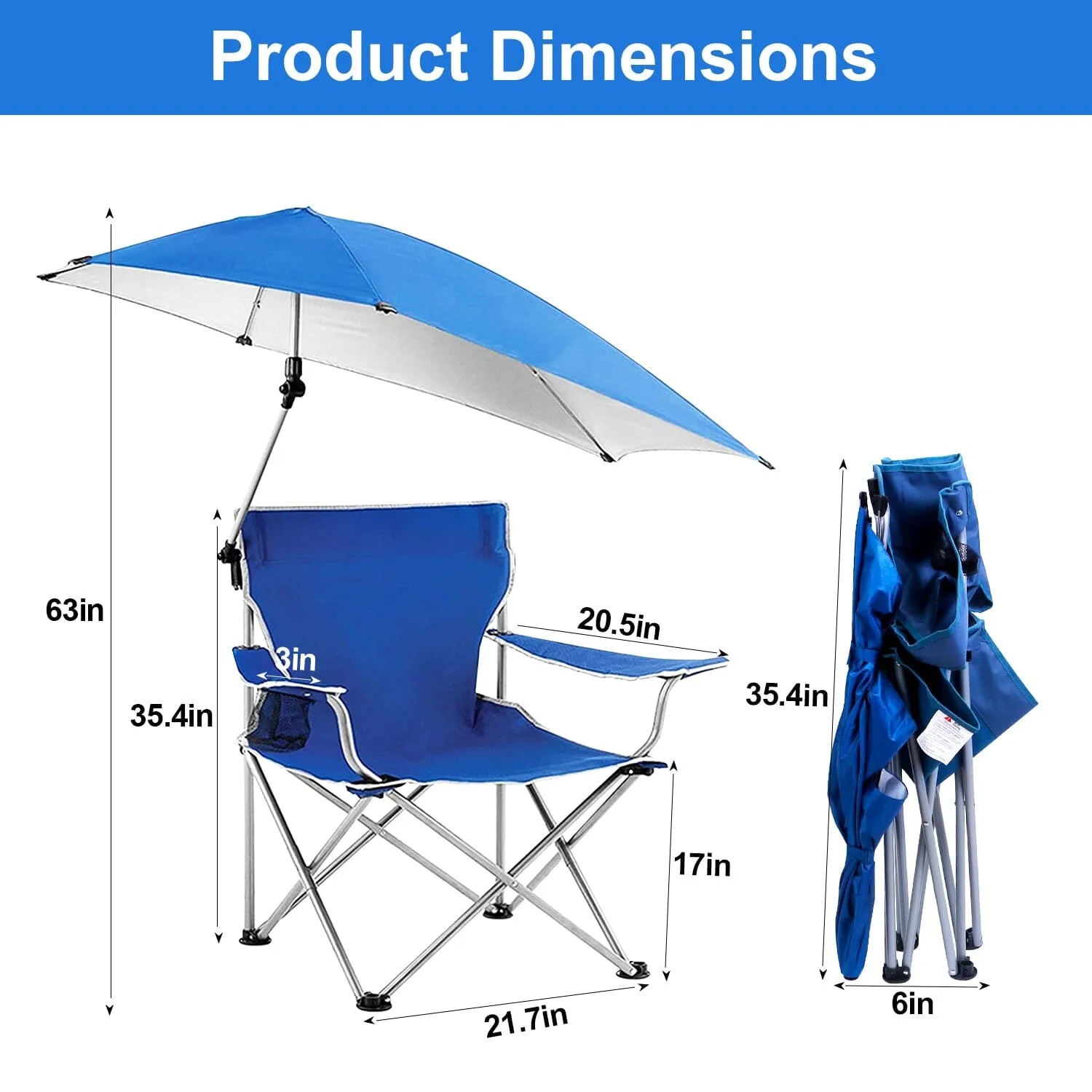 Foldable Beach Chair with Detachable Armrest Adjustable Canopy Stool with Cup Holder