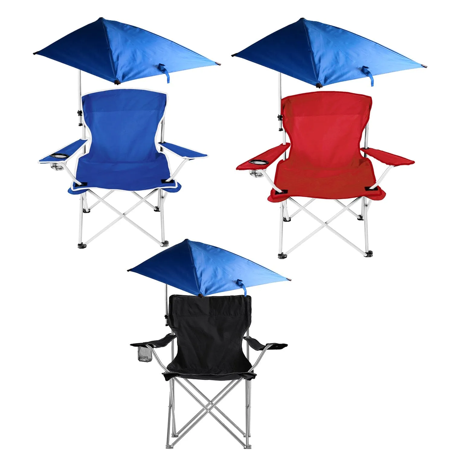 Foldable Beach Chair with Detachable Armrest Adjustable Canopy Stool with Cup Holder