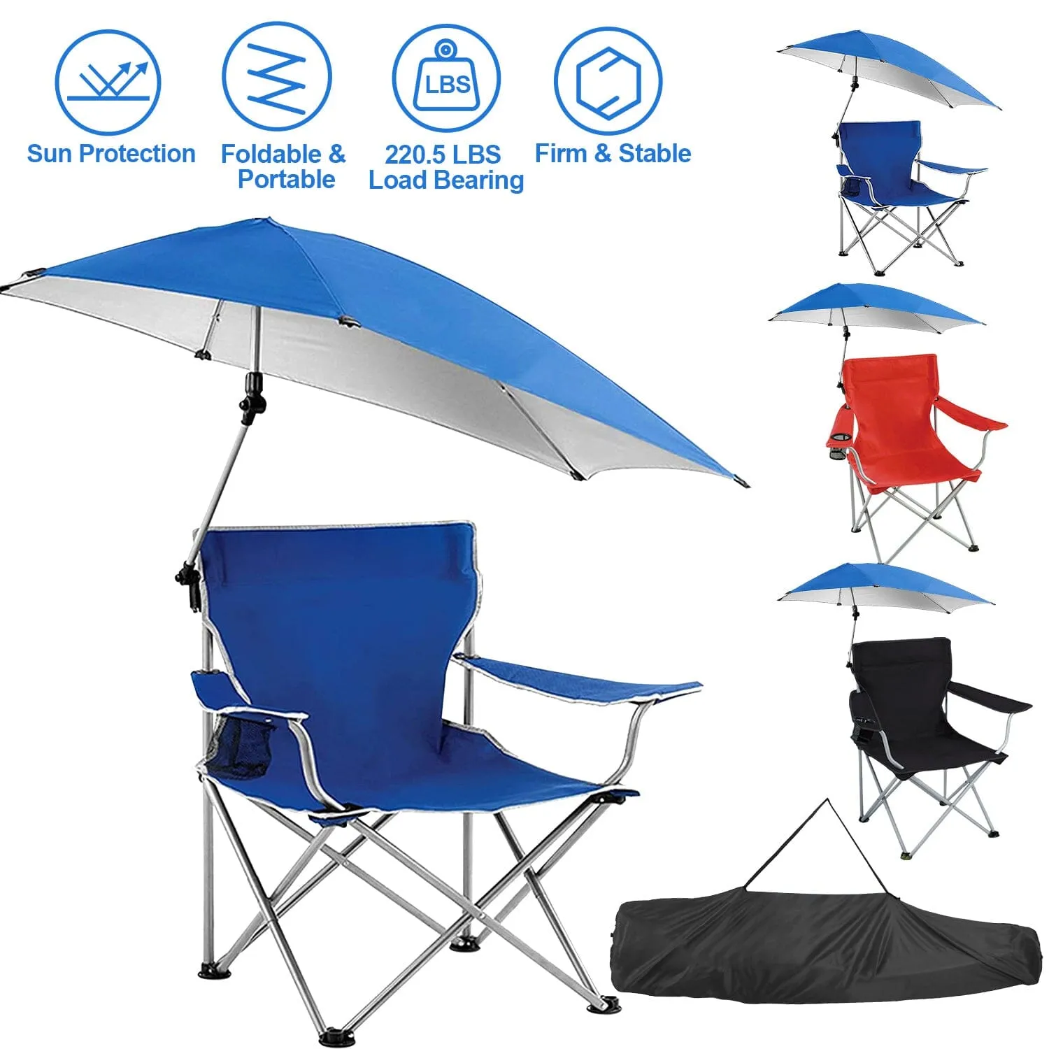 Foldable Beach Chair with Detachable Armrest Adjustable Canopy Stool with Cup Holder