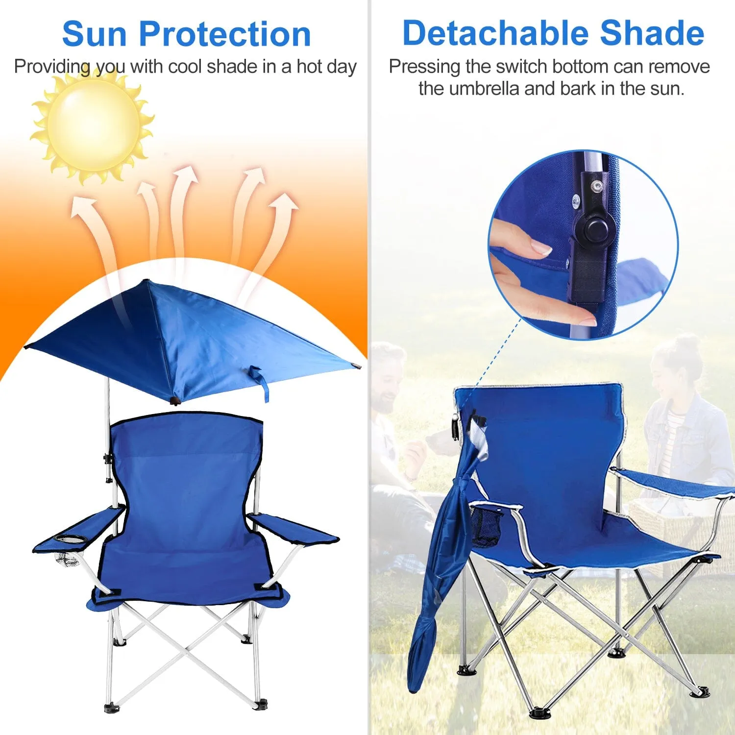 Foldable Beach Chair with Detachable Armrest Adjustable Canopy Stool with Cup Holder