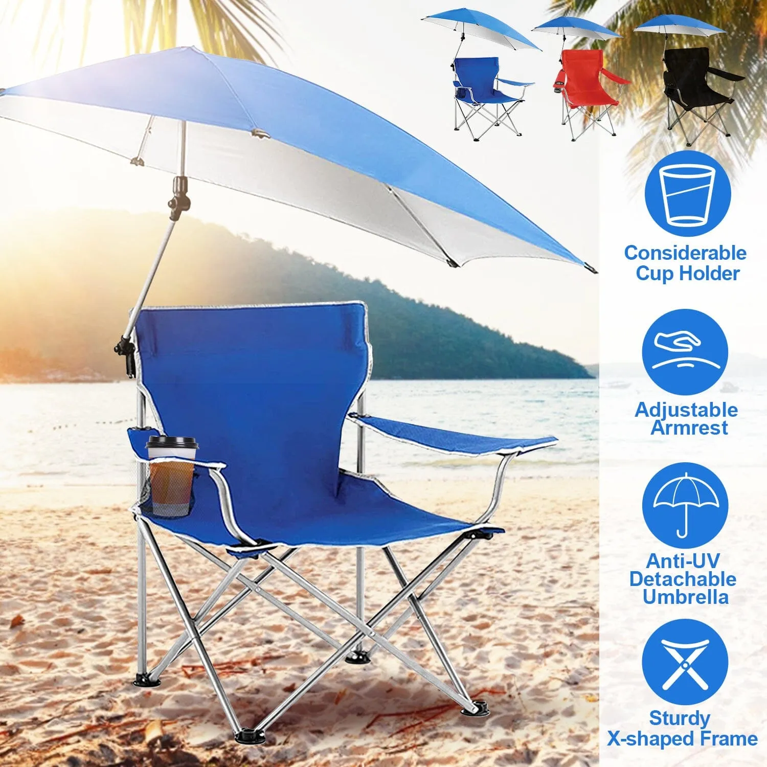 Foldable Beach Chair with Detachable Armrest Adjustable Canopy Stool with Cup Holder