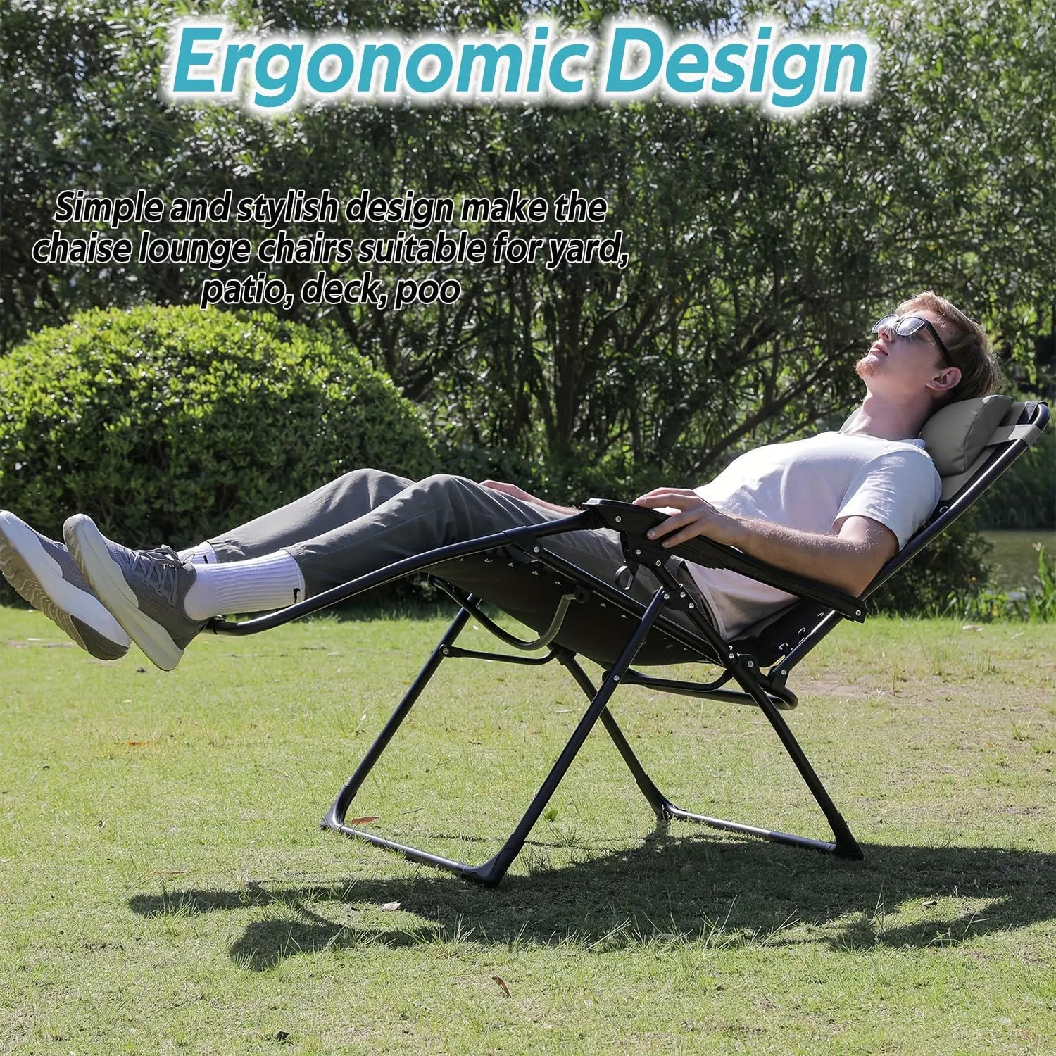 Foldable Outdoor Chaise Lounge Zero Gravity Chair - Fully Padded Adjustable Reclining with Cup Holder Perfect for Beach Camping Lawn Patio and Outdoor Relaxation(5-9 Days Delivery) (Black)