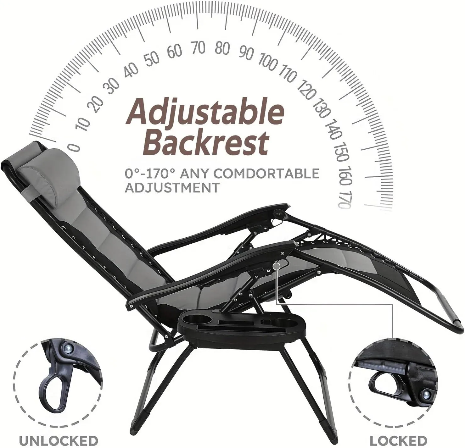 Foldable Outdoor Chaise Lounge Zero Gravity Chair - Fully Padded Adjustable Reclining with Cup Holder Perfect for Beach Camping Lawn Patio and Outdoor Relaxation(5-9 Days Delivery) (Black)
