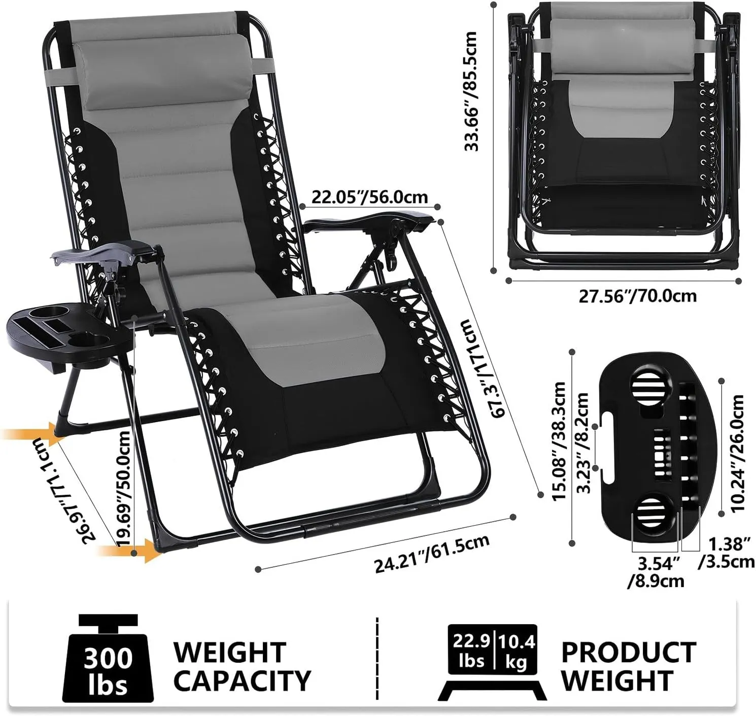 Foldable Outdoor Chaise Lounge Zero Gravity Chair - Fully Padded Adjustable Reclining with Cup Holder Perfect for Beach Camping Lawn Patio and Outdoor Relaxation(5-9 Days Delivery) (Black)