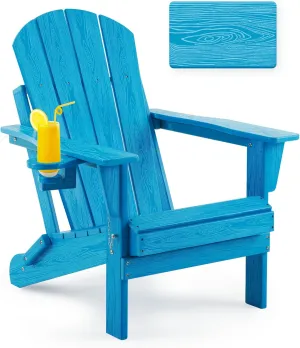Folding Adirondack Chair, Patio Chair Weather Resistant, Outdoor Chair Wood Texture, Lawn Chair with Cup Holder, Fire Pit Chair for Deck,Outdoor,Porch,Backyard,Garden (Pacific Blue)