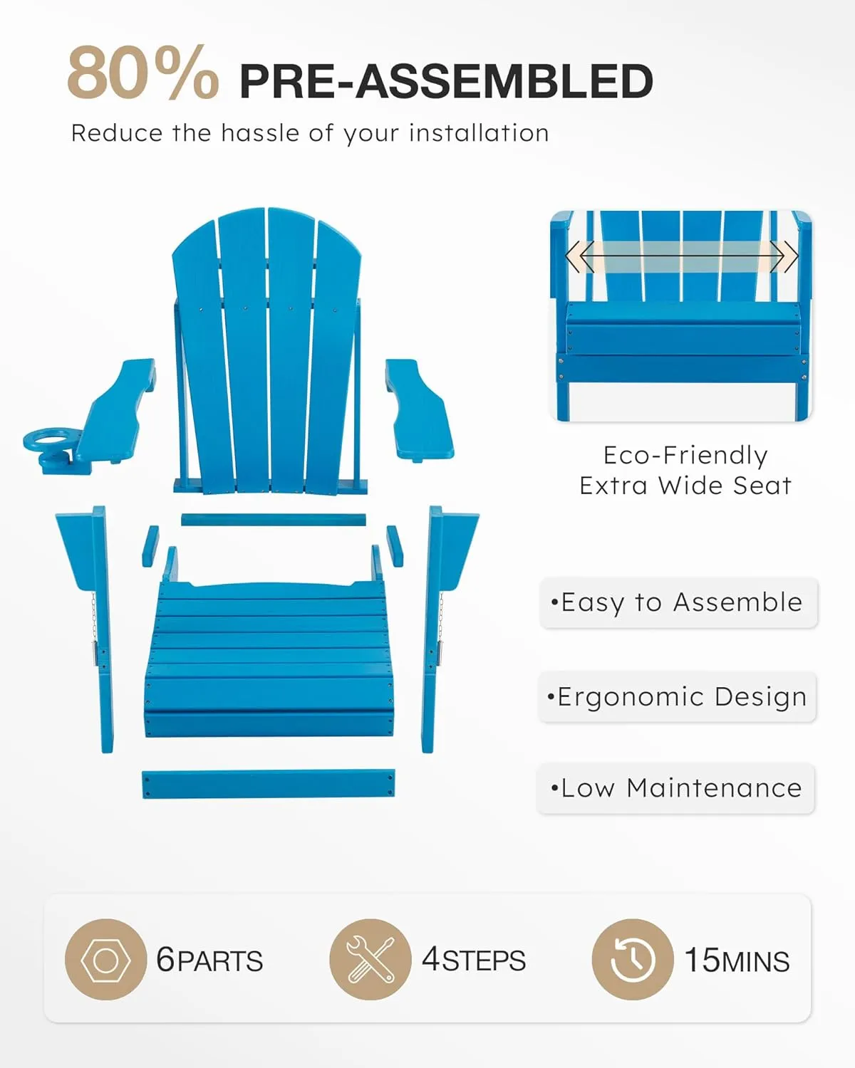 Folding Adirondack Chair, Patio Chair Weather Resistant, Outdoor Chair Wood Texture, Lawn Chair with Cup Holder, Fire Pit Chair for Deck,Outdoor,Porch,Backyard,Garden (Pacific Blue)