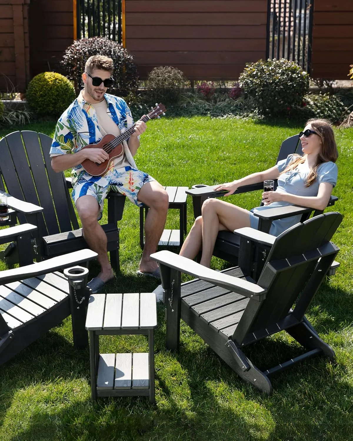 Folding Adirondack Chair, Patio Chair Weather Resistant, Outdoor Chair Wood Texture, Lawn Chair with Cup Holder, Fire Pit Chair for Deck,Outdoor,Porch,Backyard,Garden (Pacific Blue)