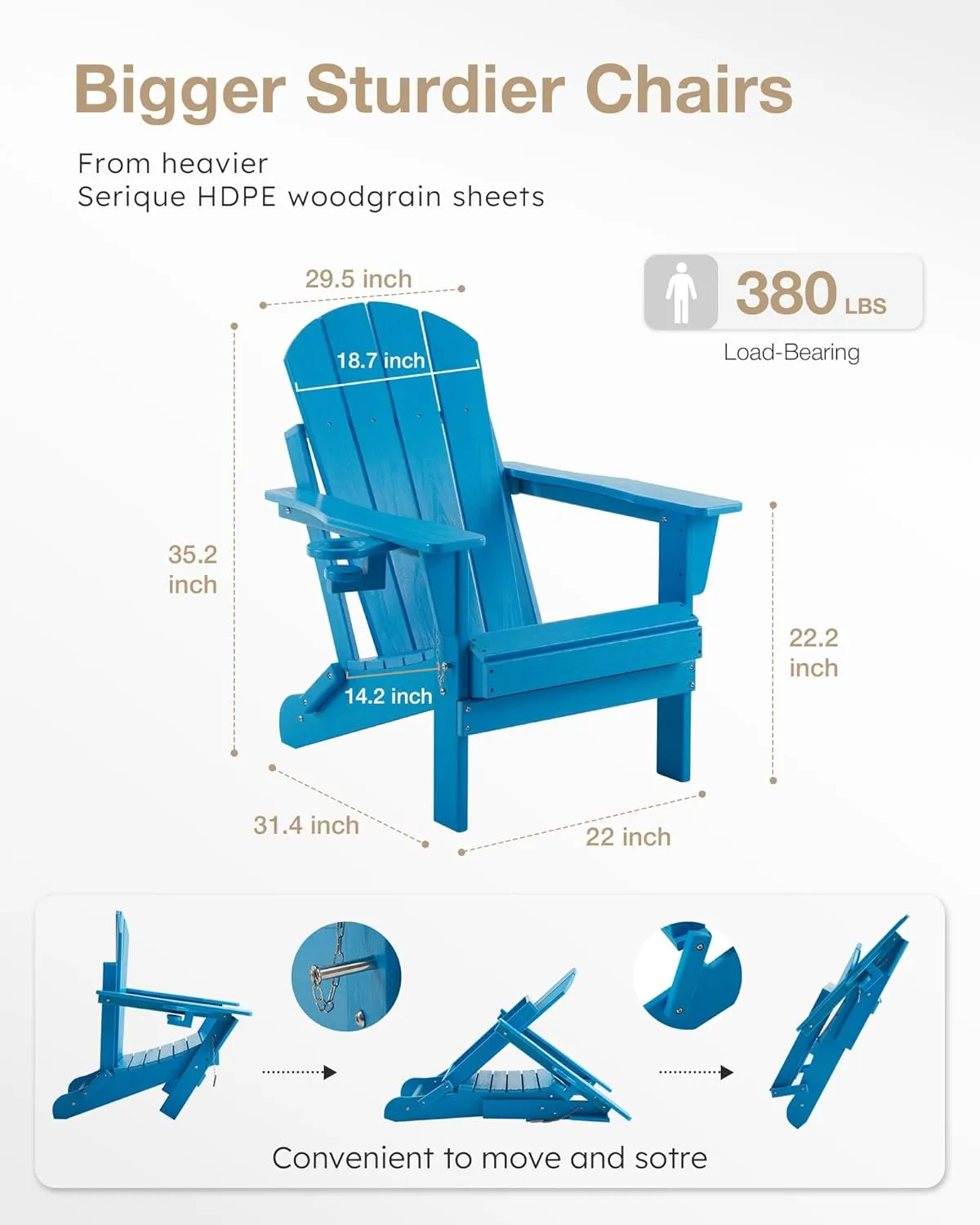 Folding Adirondack Chair, Patio Chair Weather Resistant, Outdoor Chair Wood Texture, Lawn Chair with Cup Holder, Fire Pit Chair for Deck,Outdoor,Porch,Backyard,Garden (Pacific Blue)