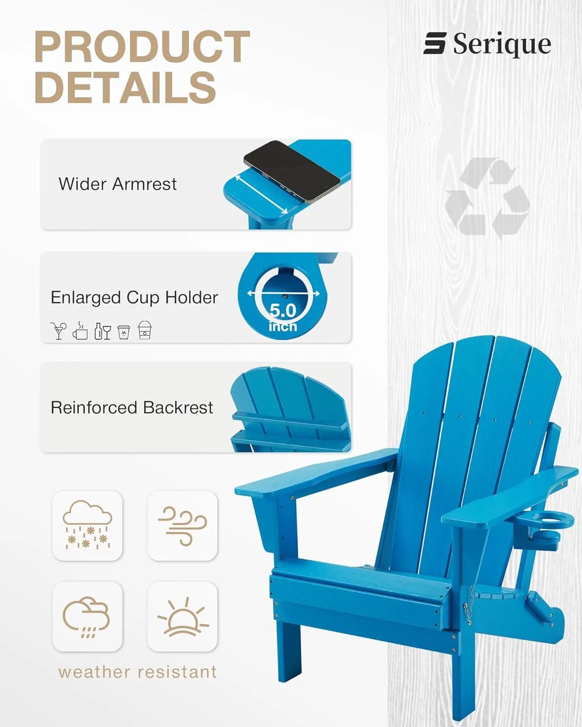 Folding Adirondack Chair, Patio Chair Weather Resistant, Outdoor Chair Wood Texture, Lawn Chair with Cup Holder, Fire Pit Chair for Deck,Outdoor,Porch,Backyard,Garden (Pacific Blue)