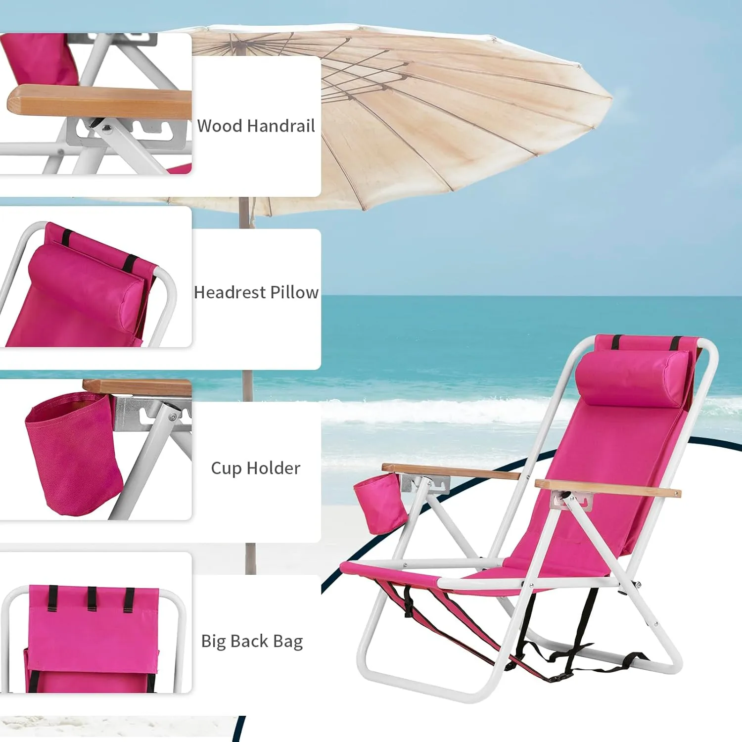Folding Beach Chair Camping Chair, Outdoor Backpack Beach Chair Foldable Camping Chair Portable Beach Chair Folding Chair, Portable Backpack Foldable Camping Chair with Headrest and Cup Holder