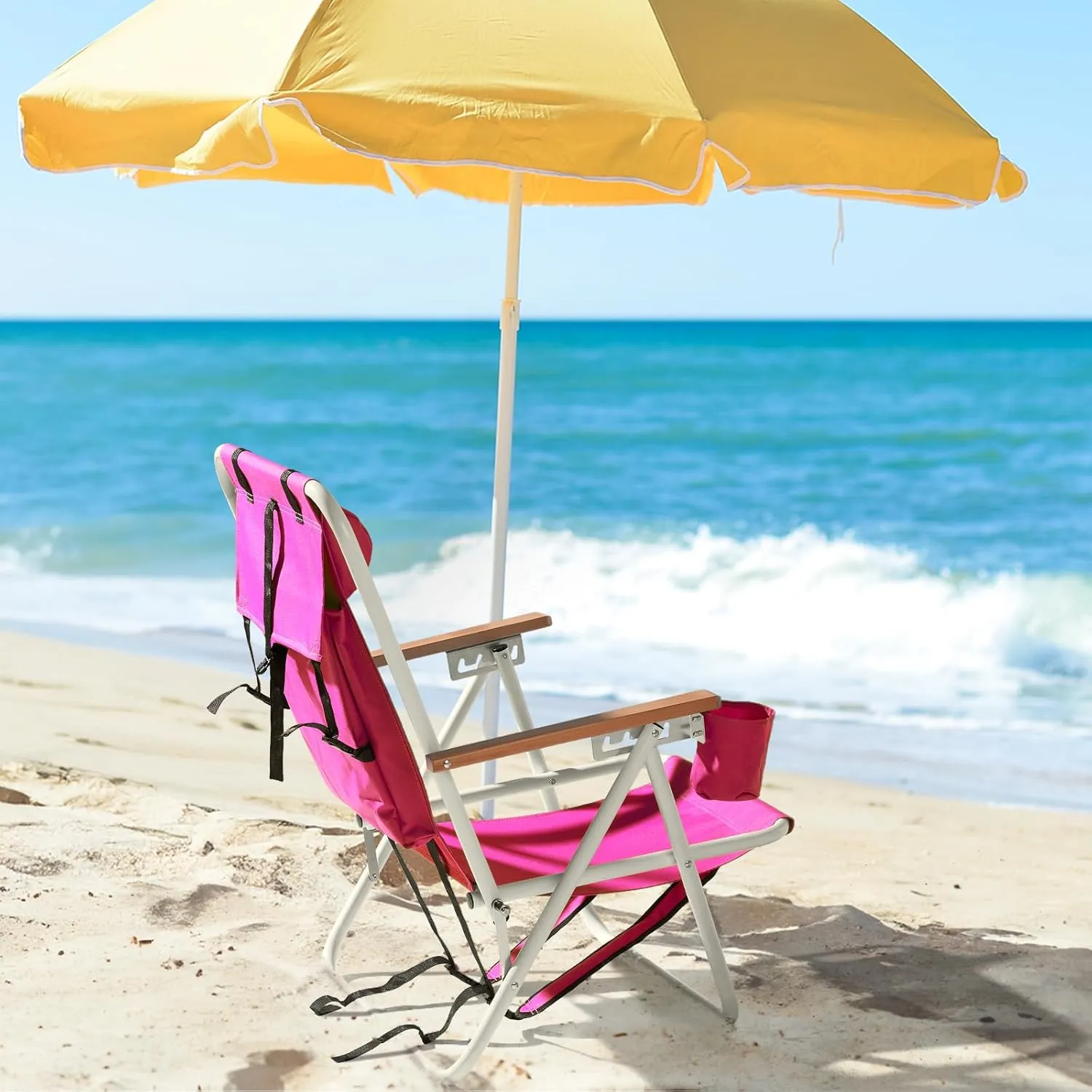 Folding Beach Chair Camping Chair, Outdoor Backpack Beach Chair Foldable Camping Chair Portable Beach Chair Folding Chair, Portable Backpack Foldable Camping Chair with Headrest and Cup Holder