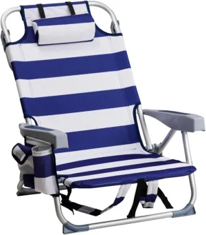 Folding Beach Chair for Adults, Portable Outdoor Reclining Camping Chair with 5-Position, Lightweight Chairs with Headrest, Cup Holders, Towel Bar, Shoulder Strap, Navy Blue Stripe