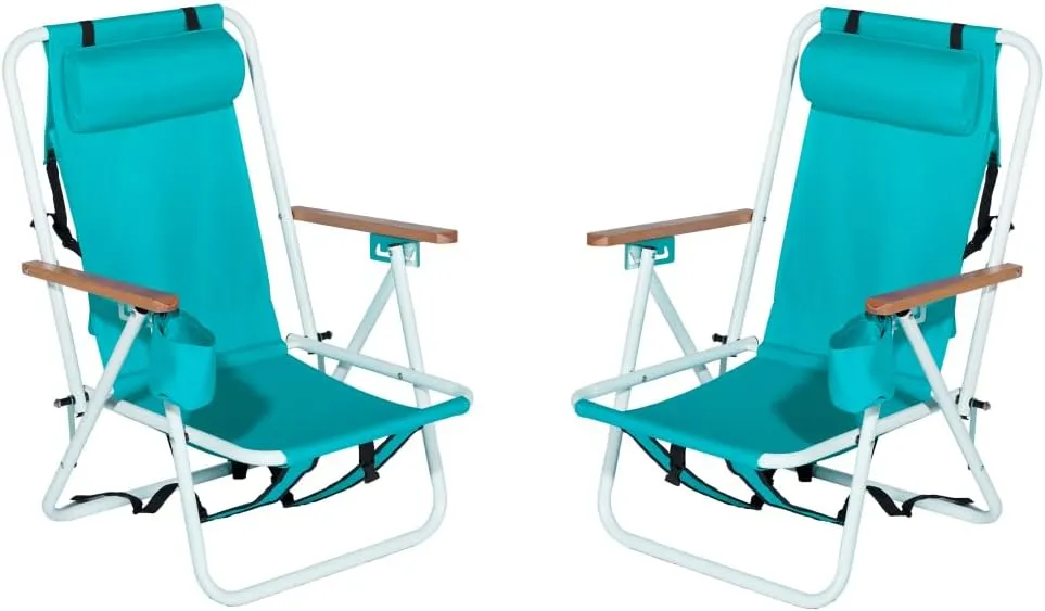 Folding Beach Chair Set of 2 for Adults 4 Position Reclining Camping Chairs with Headrest, Cup Holder Wooden Armrests Portable Backpack Foldable Lawn Chairs for Outdoor Beach Concert Travel (Green)