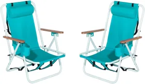 Folding Beach Chair Set of 2 for Adults 4 Position Reclining Camping Chairs with Headrest, Cup Holder Wooden Armrests Portable Backpack Foldable Lawn Chairs for Outdoor Beach Concert Travel (Green)