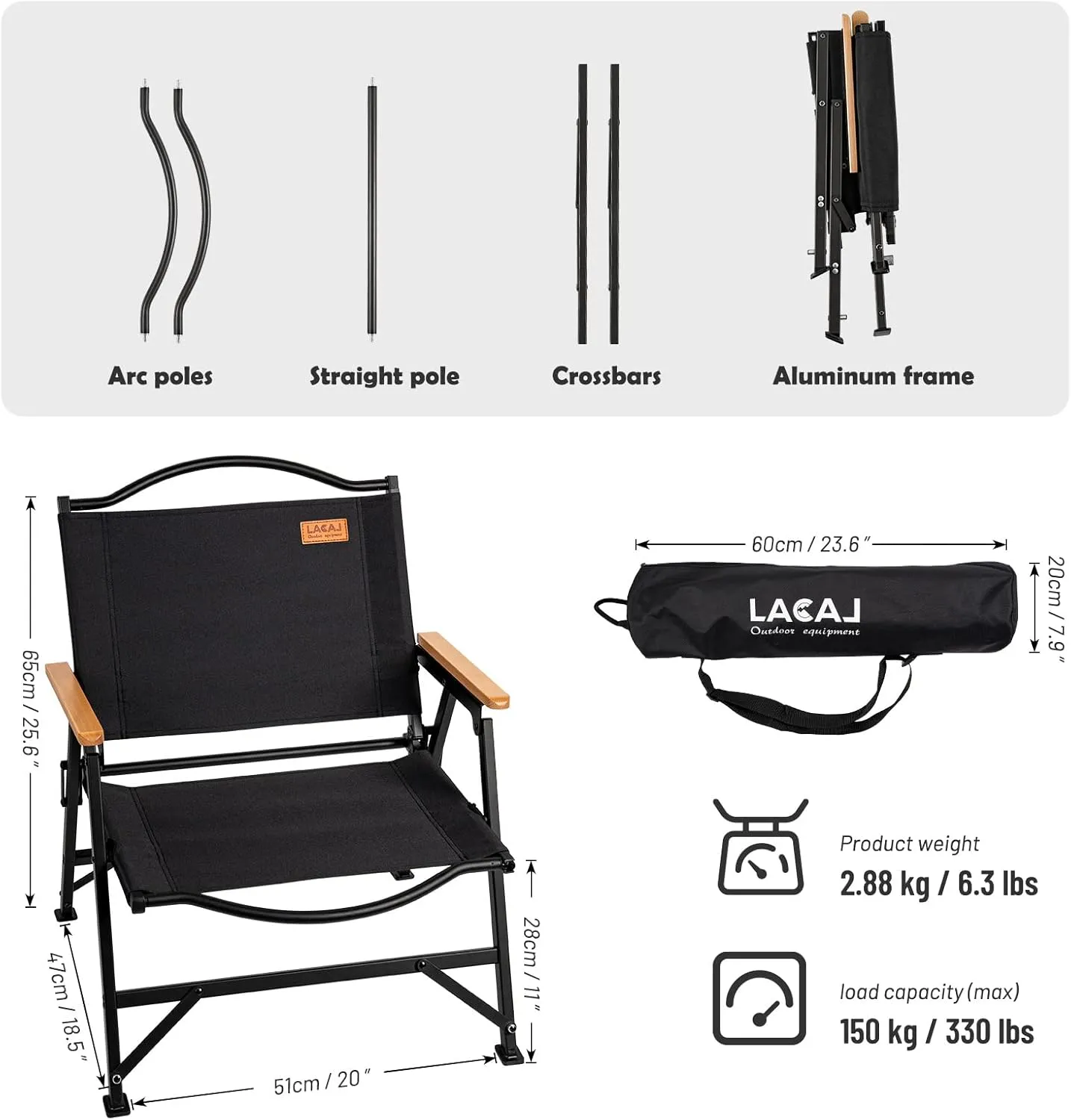 Folding Camping Chair for Adults Outside, Heavy Duty Aluminum Alloy Frame with Armrest, Comfortable Ripstop Oxford Cloth, Easy for Camping, Hiking, Picnic, Party(Black M Size)
