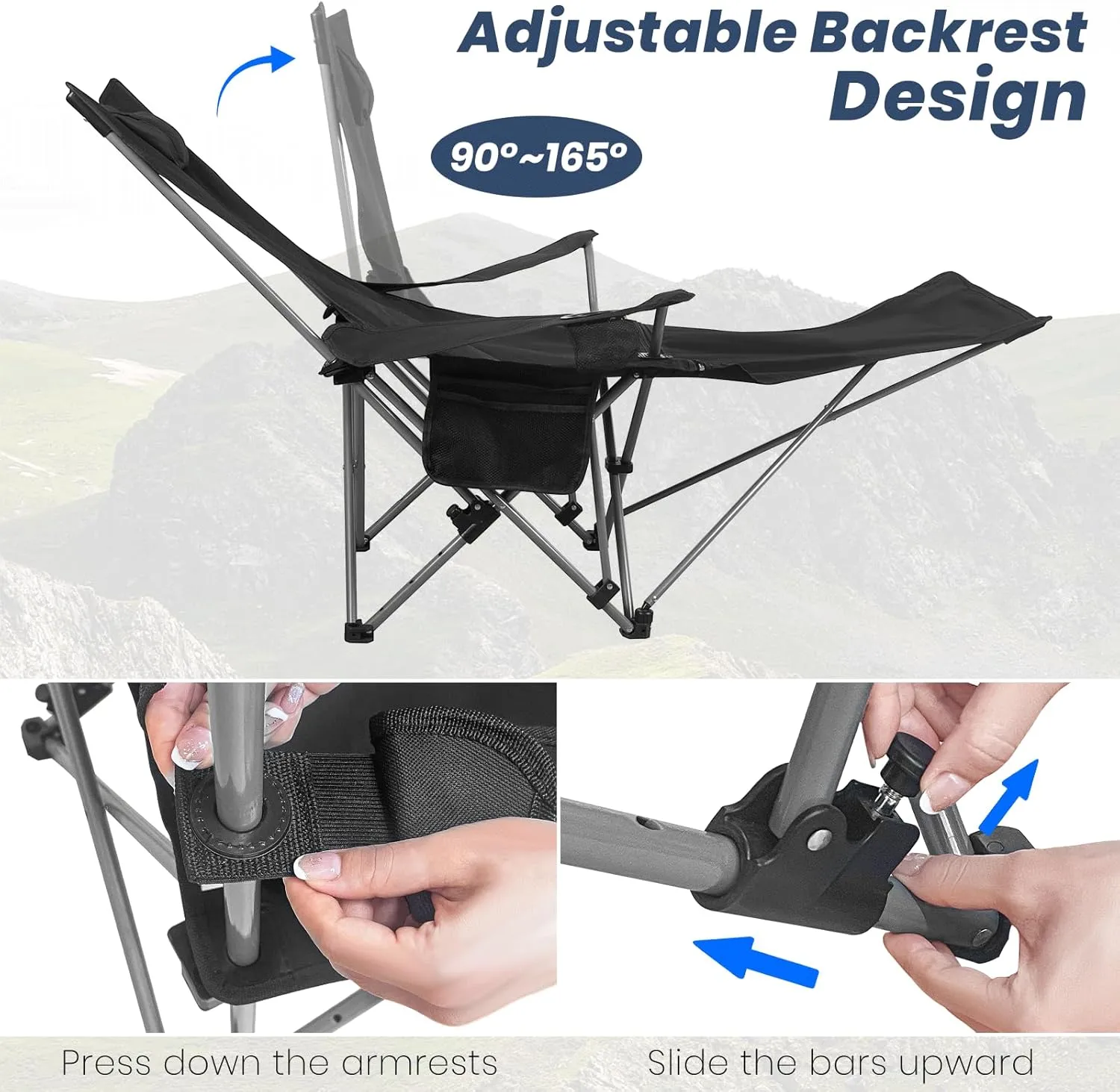 Folding Camping Chairs for Adults, Portable Lightweight Lawn Chairs, Adjustable 90°-165°Beach Lounge Chair Outdoor, Folding Chairs for Outside with Cup Holder & Side Pocket, for Camp, Picnic, Fishing