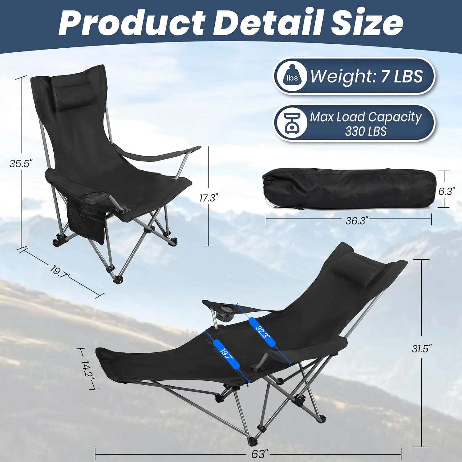 Folding Camping Chairs for Adults, Portable Lightweight Lawn Chairs, Adjustable 90°-165°Beach Lounge Chair Outdoor, Folding Chairs for Outside with Cup Holder & Side Pocket, for Camp, Picnic, Fishing