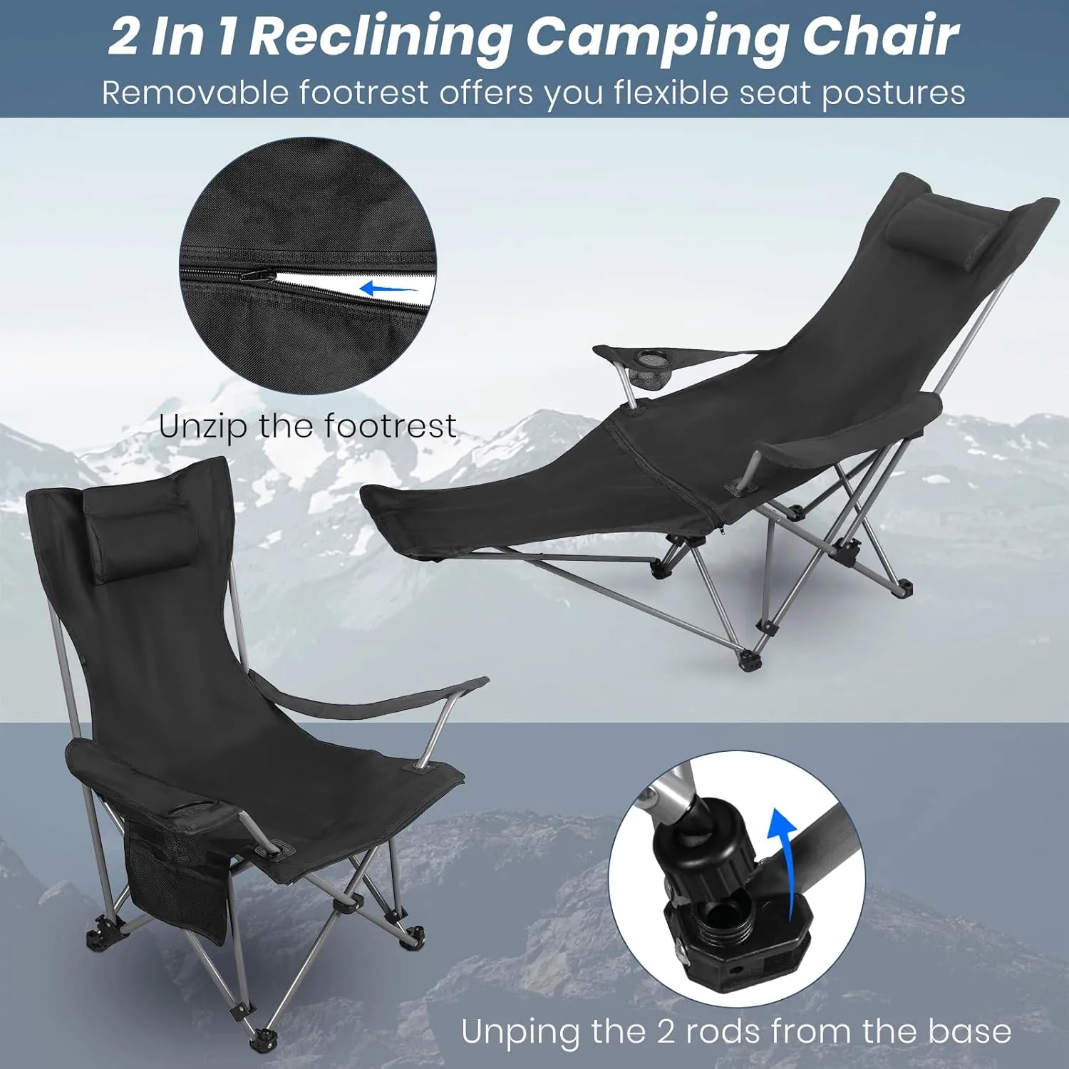 Folding Camping Chairs for Adults, Portable Lightweight Lawn Chairs, Adjustable 90°-165°Beach Lounge Chair Outdoor, Folding Chairs for Outside with Cup Holder & Side Pocket, for Camp, Picnic, Fishing