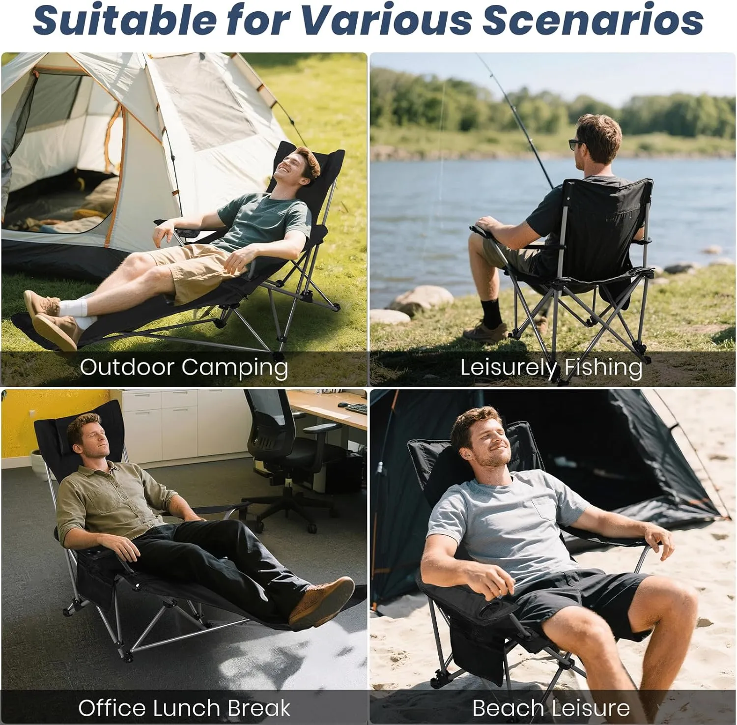 Folding Camping Chairs for Adults, Portable Lightweight Lawn Chairs, Adjustable 90°-165°Beach Lounge Chair Outdoor, Folding Chairs for Outside with Cup Holder & Side Pocket, for Camp, Picnic, Fishing