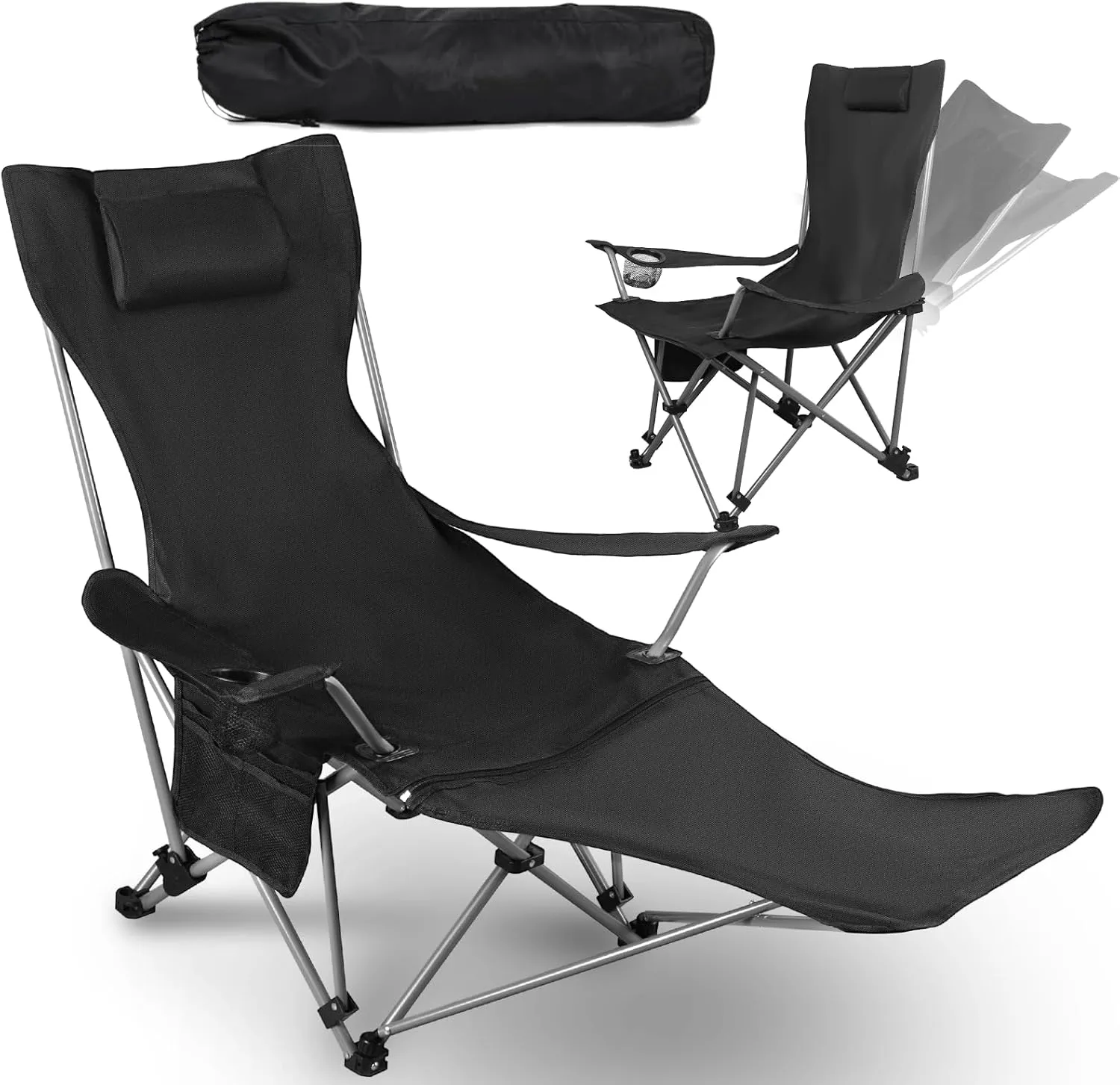 Folding Camping Chairs for Adults, Portable Lightweight Lawn Chairs, Adjustable 90°-165°Beach Lounge Chair Outdoor, Folding Chairs for Outside with Cup Holder & Side Pocket, for Camp, Picnic, Fishing