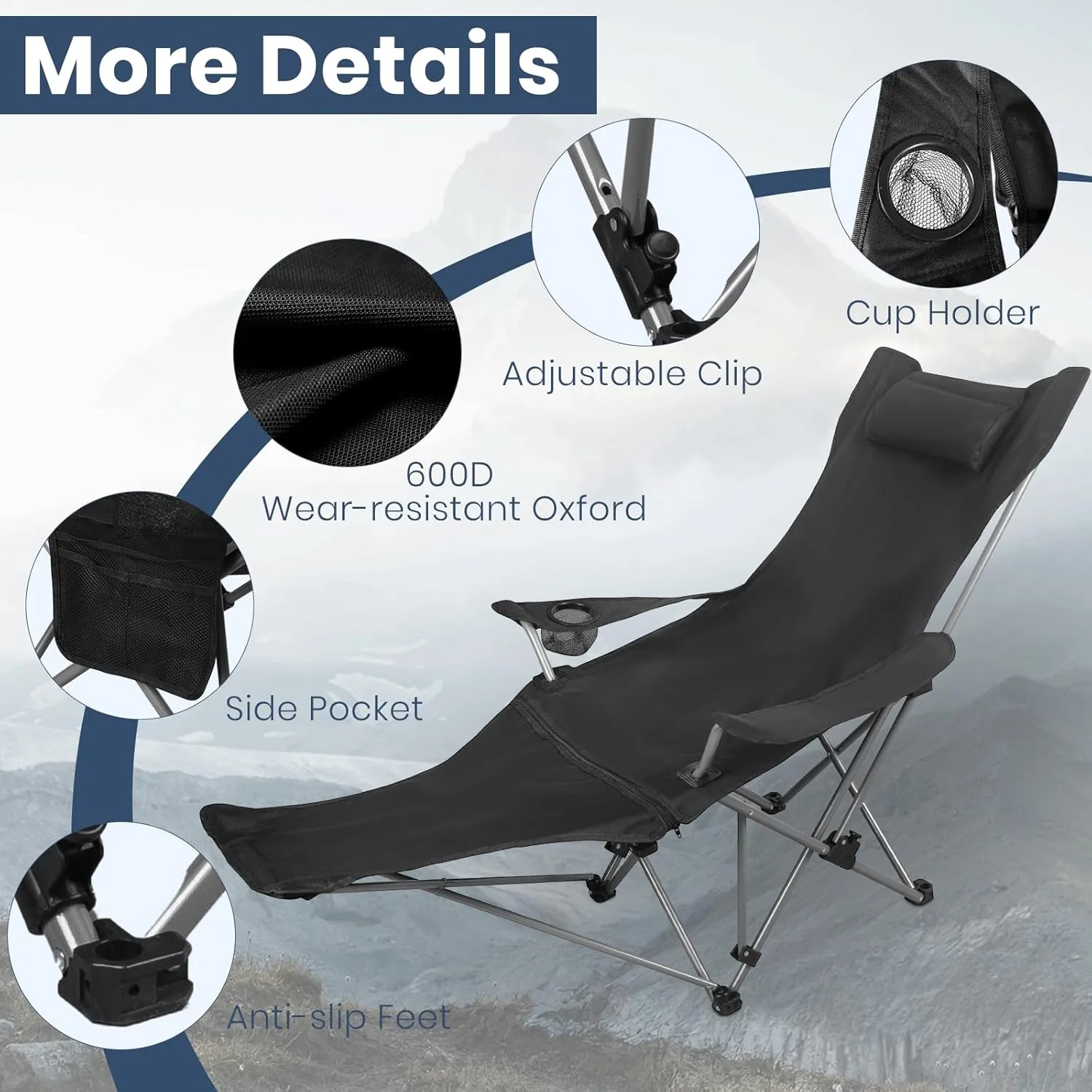 Folding Camping Chairs for Adults, Portable Lightweight Lawn Chairs, Adjustable 90°-165°Beach Lounge Chair Outdoor, Folding Chairs for Outside with Cup Holder & Side Pocket, for Camp, Picnic, Fishing