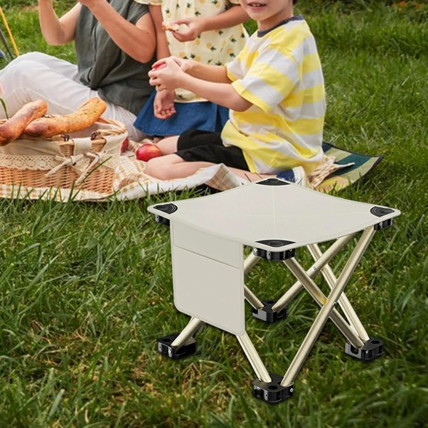 Folding Camping Stool with Side Pocket Sturdy Strong Load Bearing Foot Stool Small Foldable Chair for Backpacking Patio Lawn, White, 28cmx28cmx23cm