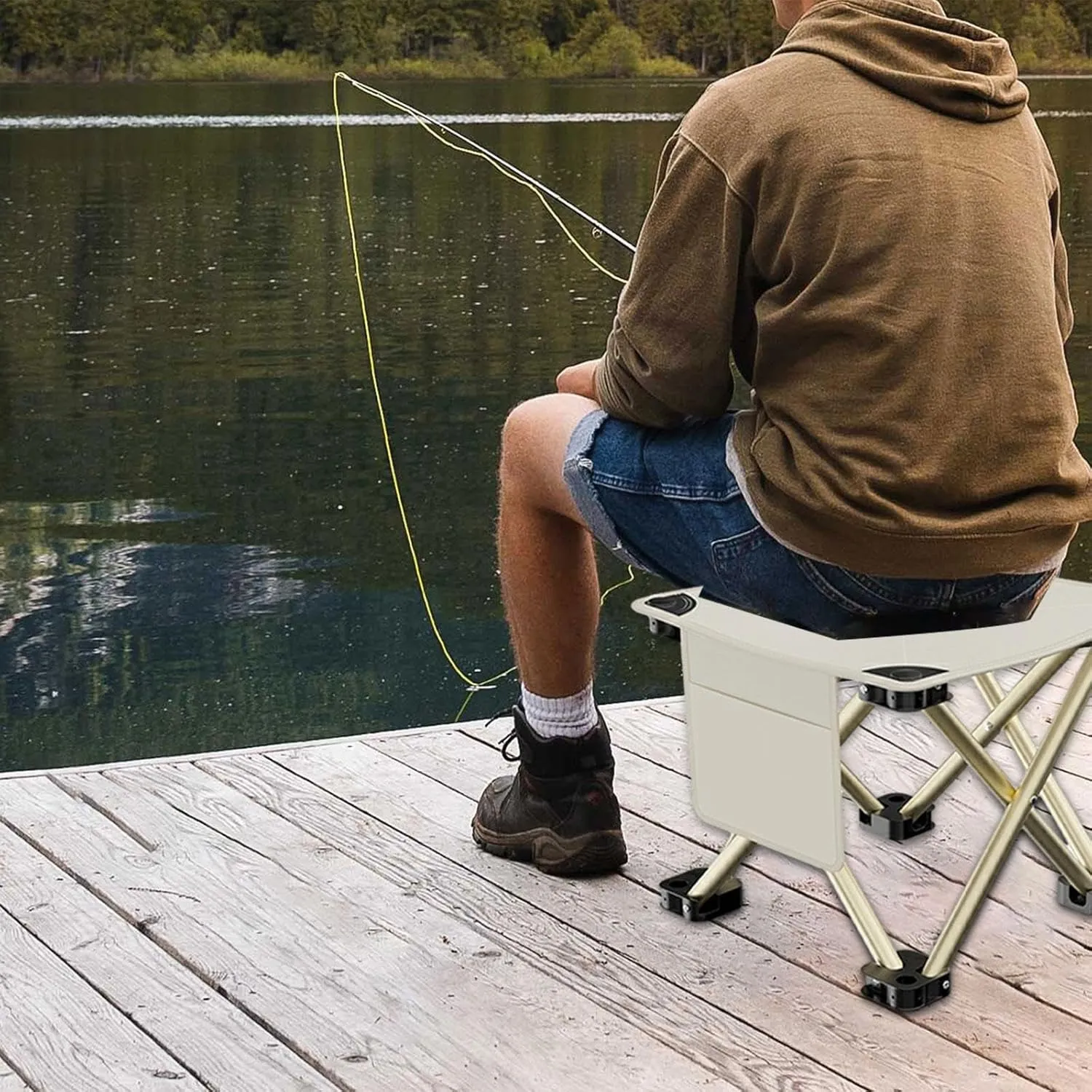 Folding Camping Stool with Side Pocket Sturdy Strong Load Bearing Foot Stool Small Foldable Chair for Backpacking Patio Lawn, White, 28cmx28cmx23cm