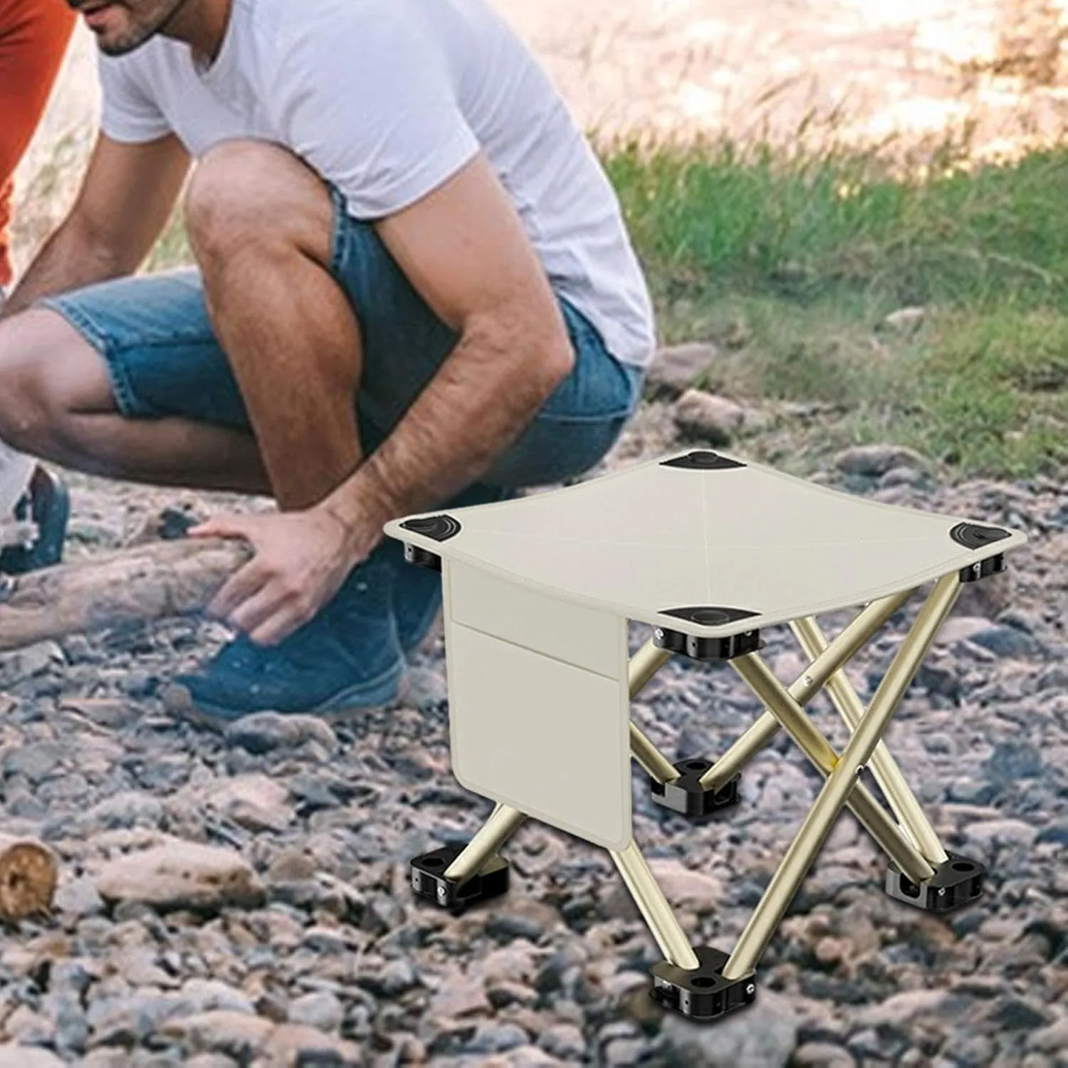 Folding Camping Stool with Side Pocket Sturdy Strong Load Bearing Foot Stool Small Foldable Chair for Backpacking Patio Lawn, White, 28cmx28cmx23cm