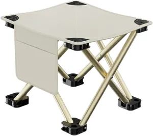 Folding Camping Stool with Side Pocket Sturdy Strong Load Bearing Foot Stool Small Foldable Chair for Backpacking Patio Lawn, White, 28cmx28cmx23cm