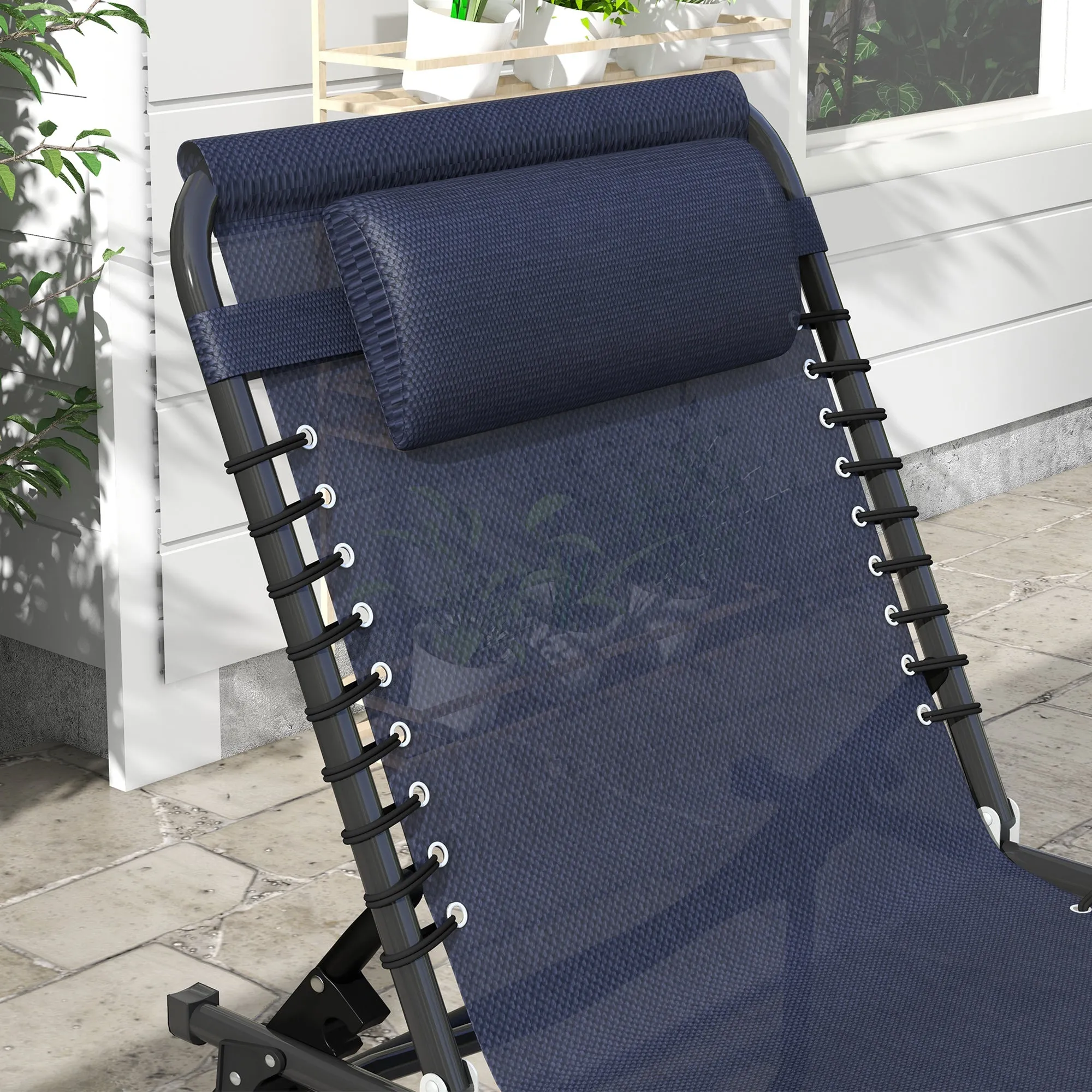 Folding Chaise Lounge Pool Chair with Pillow, 4-Position Reclining, Breathable Mesh, Dark Blue