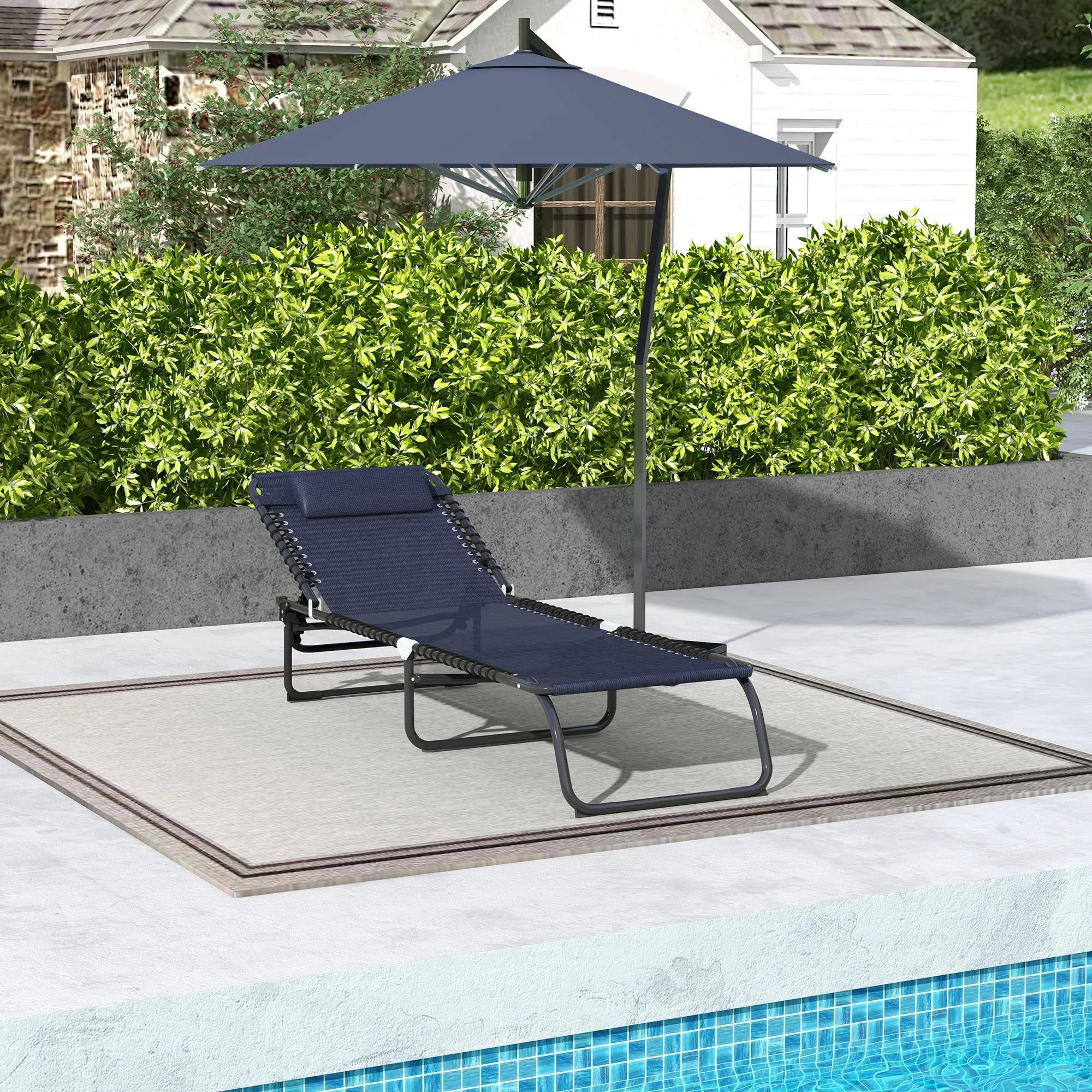 Folding Chaise Lounge Pool Chair with Pillow, 4-Position Reclining, Breathable Mesh, Dark Blue