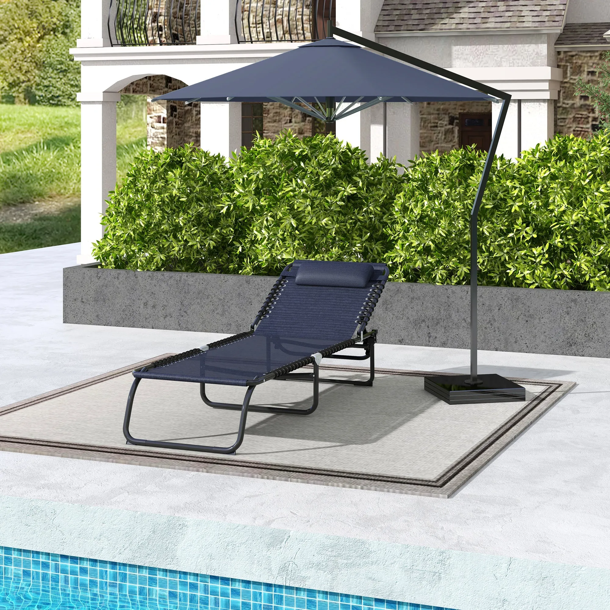 Folding Chaise Lounge Pool Chair with Pillow, 4-Position Reclining, Breathable Mesh, Dark Blue