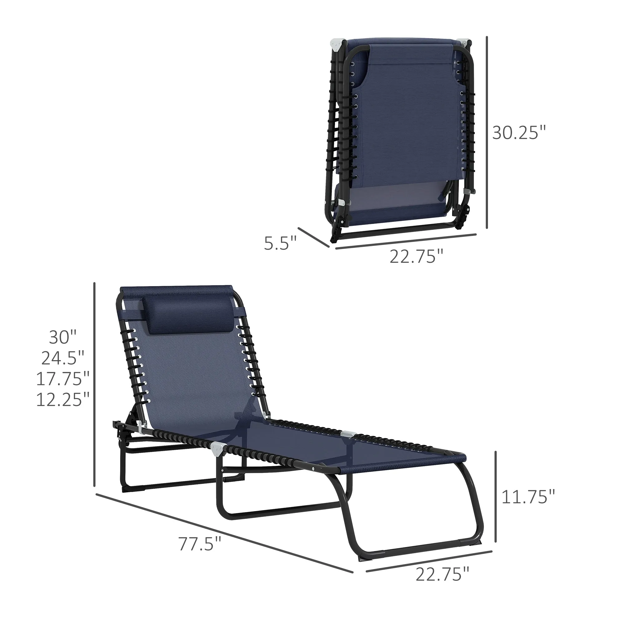 Folding Chaise Lounge Pool Chair with Pillow, 4-Position Reclining, Breathable Mesh, Dark Blue