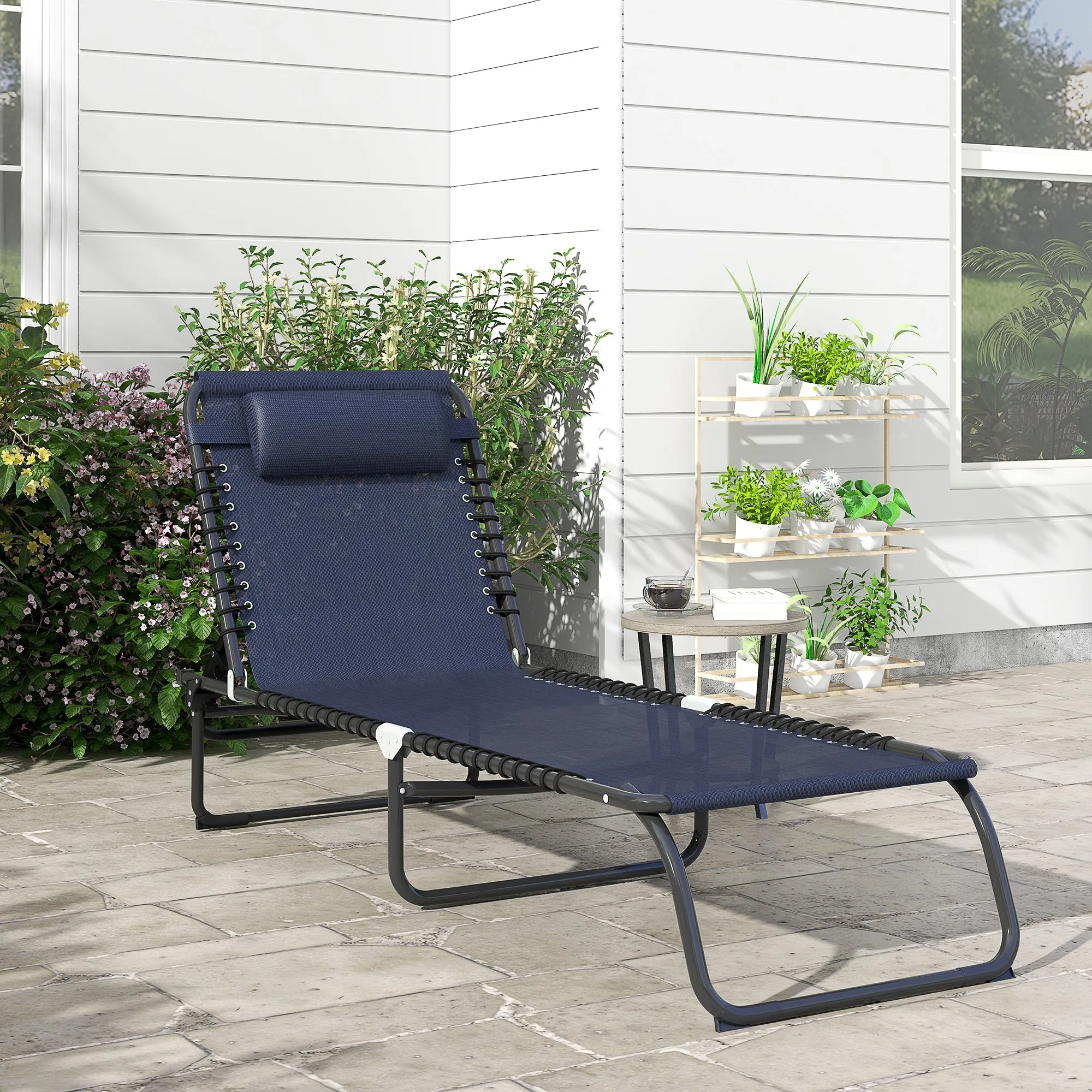Folding Chaise Lounge Pool Chair with Pillow, 4-Position Reclining, Breathable Mesh, Dark Blue