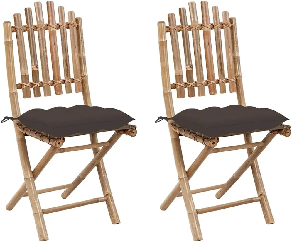 Folding Patio Chairs with Cushions Set of 2 - Bamboo Outdoor Dining Chairs for Garden, Patio, Lawn - Taupe Fabric Seat Cushions, Foldable Design for Easy Storage