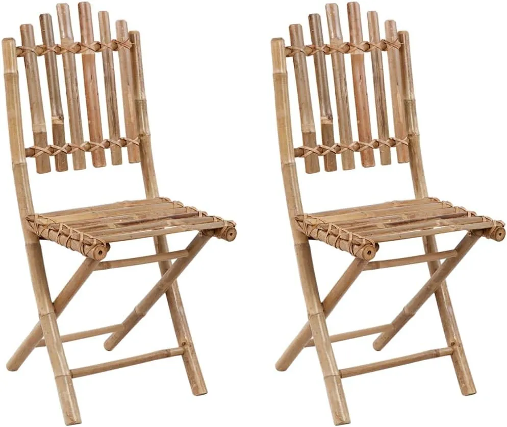 Folding Patio Chairs with Cushions Set of 2 - Bamboo Outdoor Dining Chairs for Garden, Patio, Lawn - Taupe Fabric Seat Cushions, Foldable Design for Easy Storage