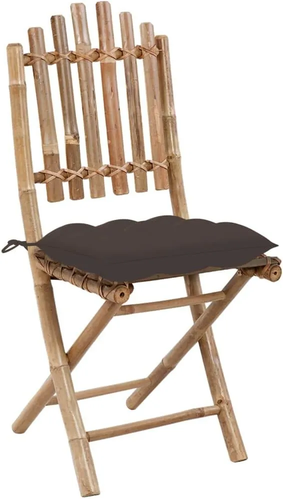 Folding Patio Chairs with Cushions Set of 2 - Bamboo Outdoor Dining Chairs for Garden, Patio, Lawn - Taupe Fabric Seat Cushions, Foldable Design for Easy Storage