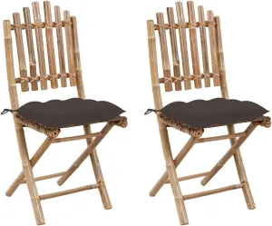 Folding Patio Chairs with Cushions Set of 2 - Bamboo Outdoor Dining Chairs for Garden, Patio, Lawn - Taupe Fabric Seat Cushions, Foldable Design for Easy Storage