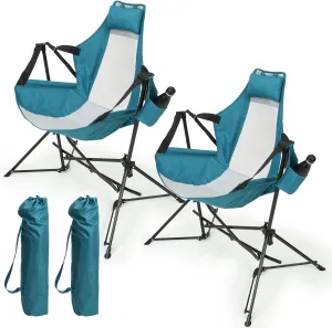 Folding Portable Rocking Hammock Camping Chair with Adjustable Back, Cup Holder and Carry Bag, Blue, Set of 2