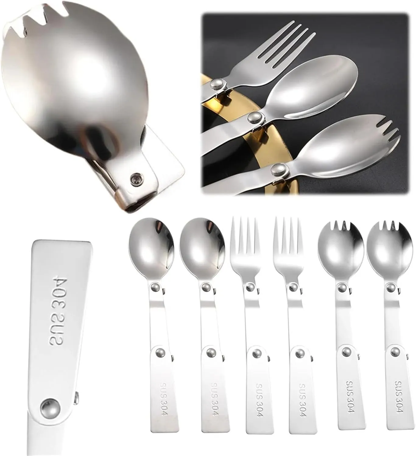 Folding Spoons 12Pcs Portable Folding Spoon Fork Set, 304 Stainless Steel Outdoor Portable Tableware, Picnic Foldable Cutlery for Thermos Container Food Containers(Fork)