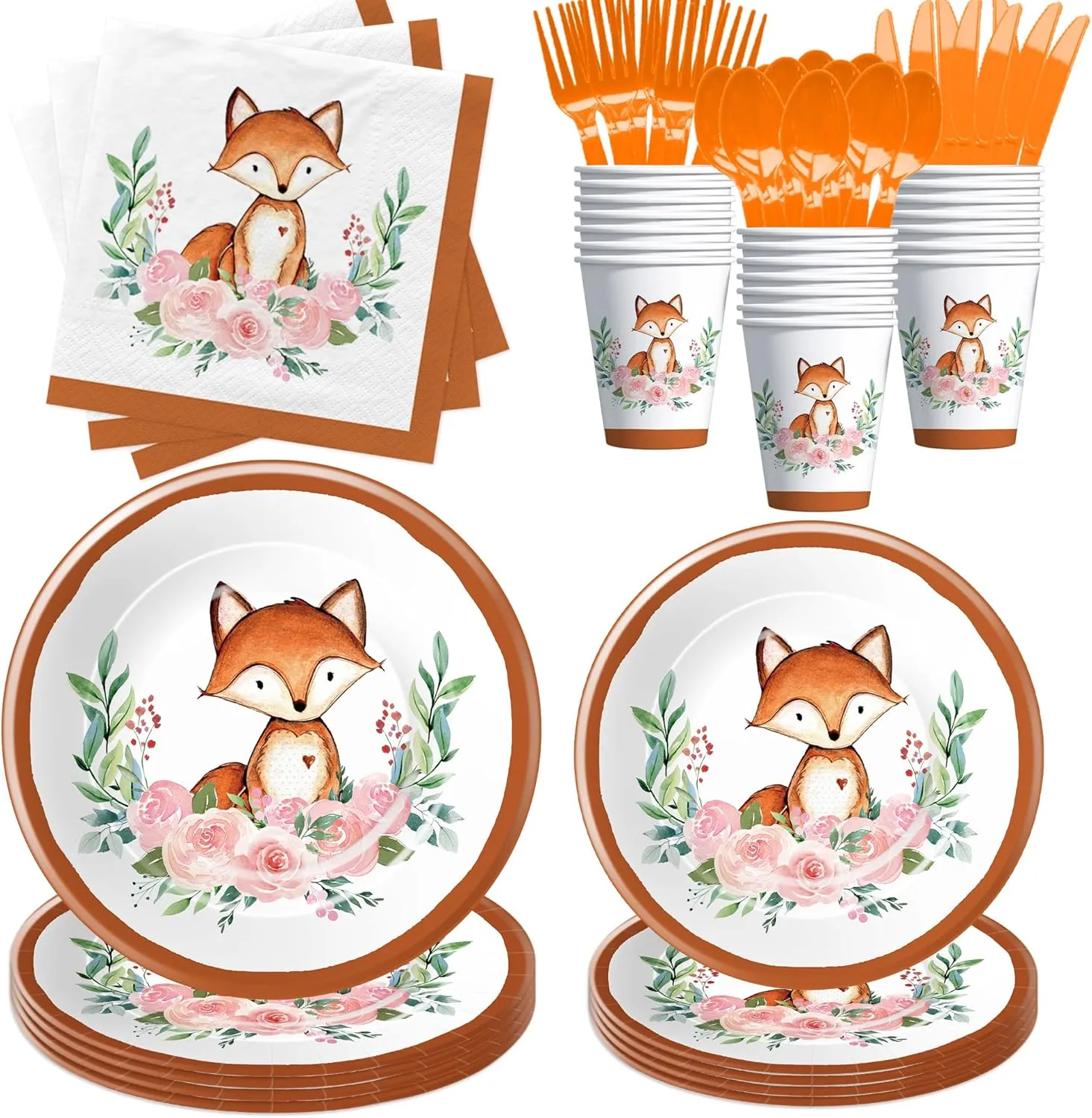 Fox Birthday Party Supplies Tableware - Woodland Creatures Forest Animal Fox Baby Shower Decorations Dinnerware, Paper Plate, Cup, Napkin, Disposable Cutlery | Serves 24