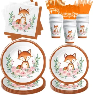 Fox Birthday Party Supplies Tableware - Woodland Creatures Forest Animal Fox Baby Shower Decorations Dinnerware, Paper Plate, Cup, Napkin, Disposable Cutlery | Serves 24