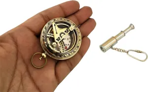 Free Telescope Keychain Brass Sundial Compass Polished Push Button Lid Collectible Gift