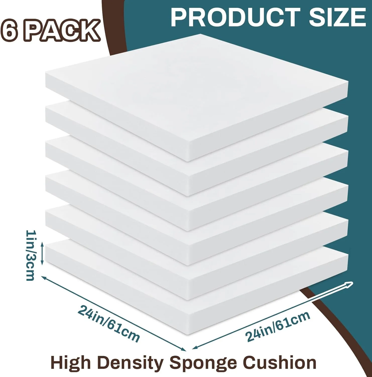Frienda 6 Pack 1" x 24" x 24" Upholstery High Density Foam Cushion White Square Seat Replacement Cushion or Commercial Use Stuffing Craft Foam Couch Chair Padding DIY Projects