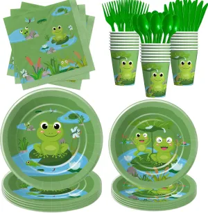 Frog Birthday Decorations Tableware - Green Frog Theme Baby Shower Birthday Party Supplies Decor, Paper Plate, Cup, Napkin, Disposable Cutlery, Serves 24