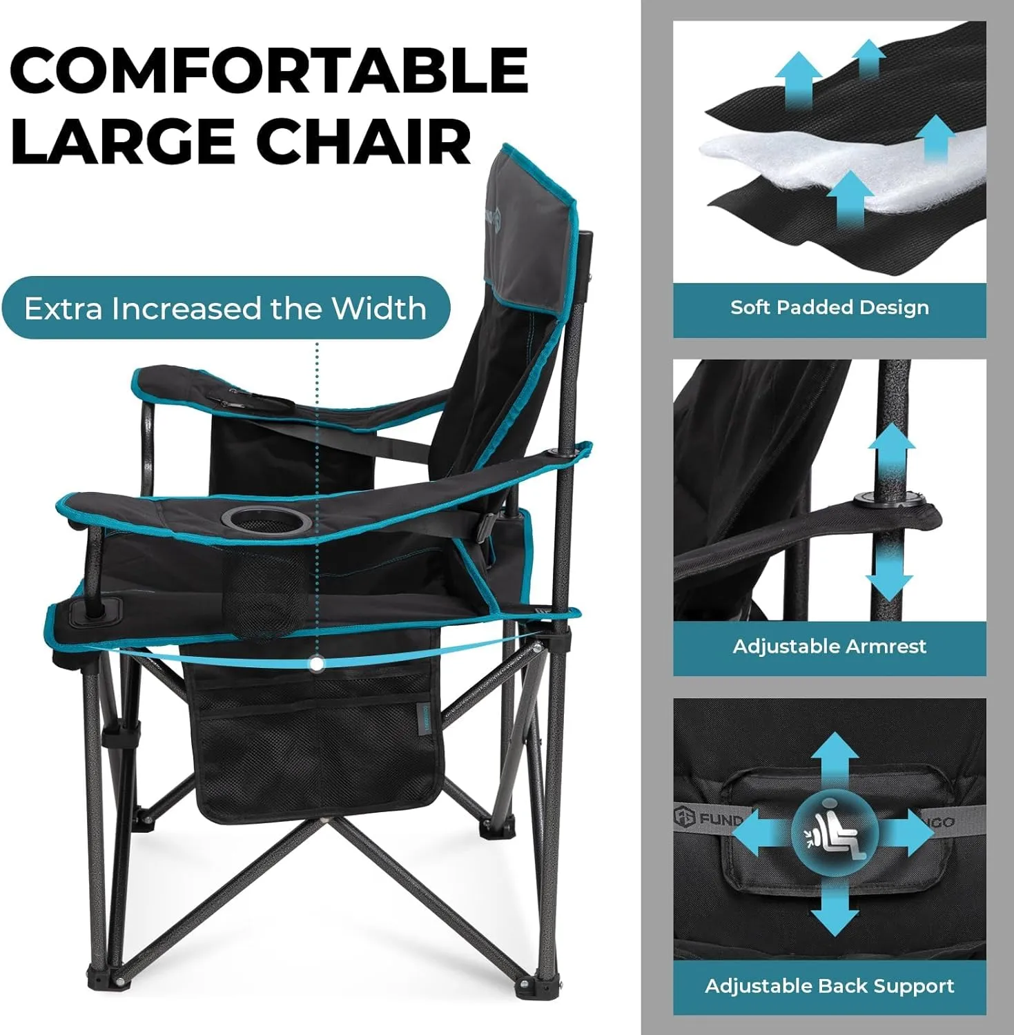 FUNDANGO Oversized Folding Camping Chair for Adults 2 Pack, 550 Lbs Portable Fish Lawn Chair with Cushion seat & Back, 4-can Cooler & Cup Holder, Carry Bag Included for Outdoor (2 Pack Black/Grey)