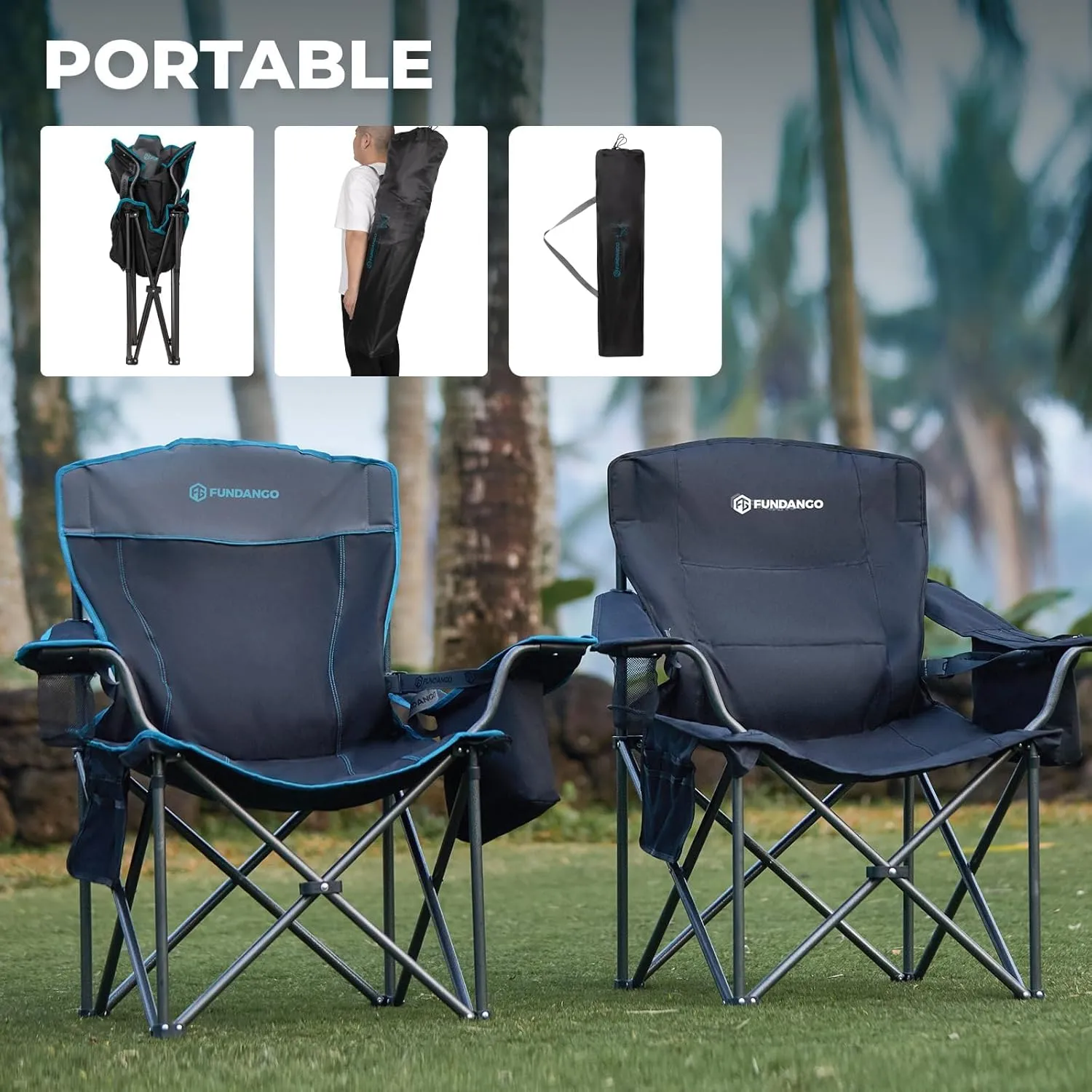 FUNDANGO Oversized Folding Camping Chair for Adults 2 Pack, 550 Lbs Portable Fish Lawn Chair with Cushion seat & Back, 4-can Cooler & Cup Holder, Carry Bag Included for Outdoor (2 Pack Black/Grey)