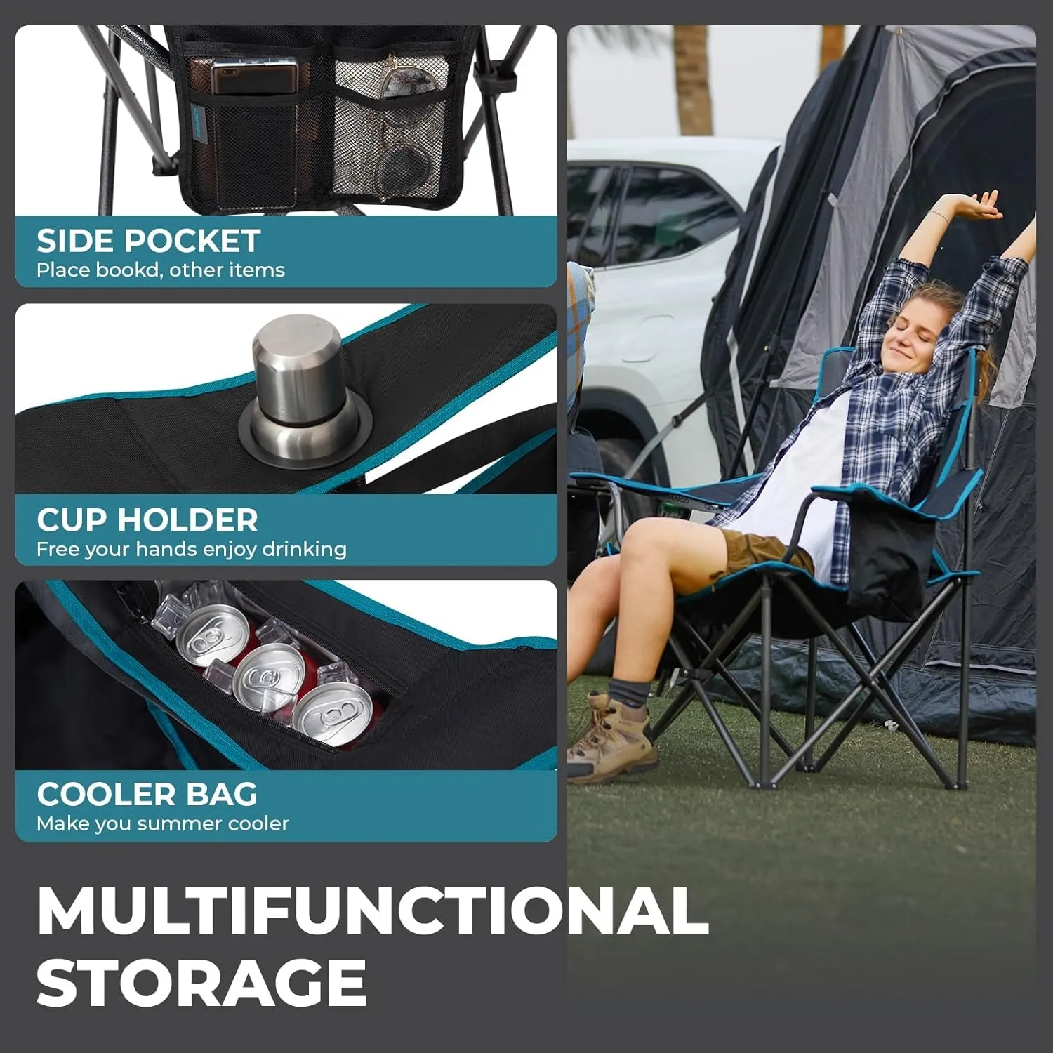 FUNDANGO Oversized Folding Camping Chair for Adults 2 Pack, 550 Lbs Portable Fish Lawn Chair with Cushion seat & Back, 4-can Cooler & Cup Holder, Carry Bag Included for Outdoor (2 Pack Black/Grey)