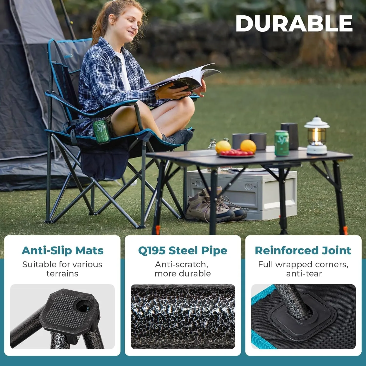 FUNDANGO Oversized Folding Camping Chair for Adults 2 Pack, 550 Lbs Portable Fish Lawn Chair with Cushion seat & Back, 4-can Cooler & Cup Holder, Carry Bag Included for Outdoor (2 Pack Black/Grey)
